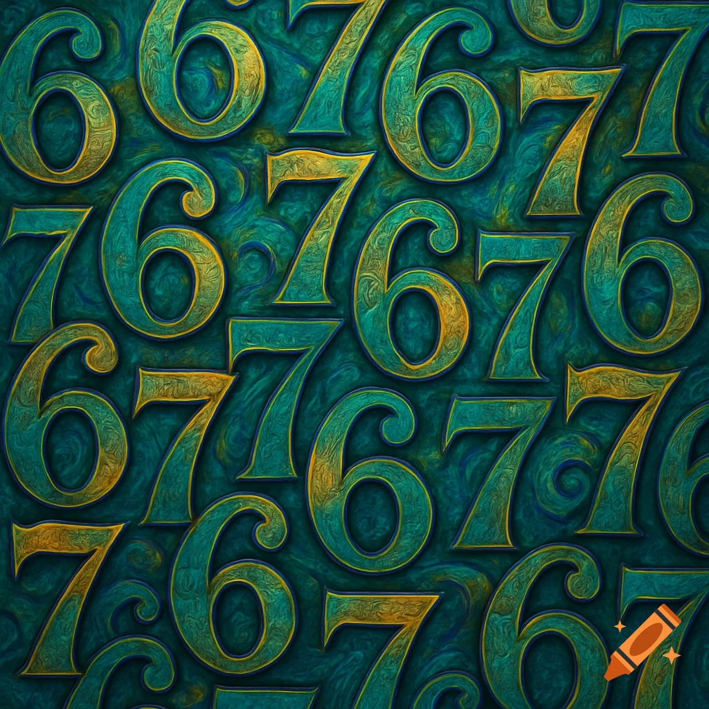 A close-up view of repeating stylized numbers 6 and 7 in teal and gold on a textured, swirling background, forming a decorative pattern.