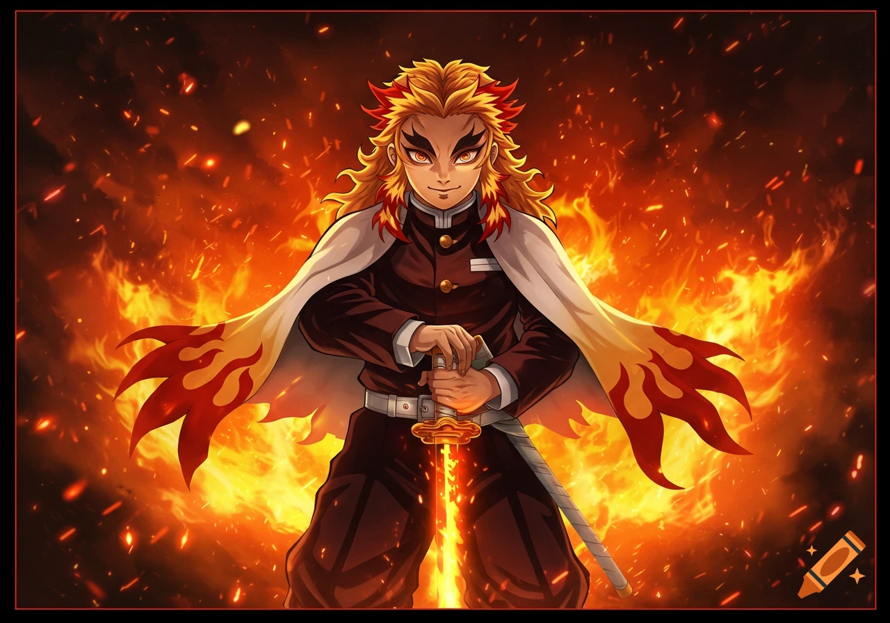 Anime character Rengoku from Demon Slayer holding a glowing katana, with spiky yellow and red hair, in a fiery scene.
