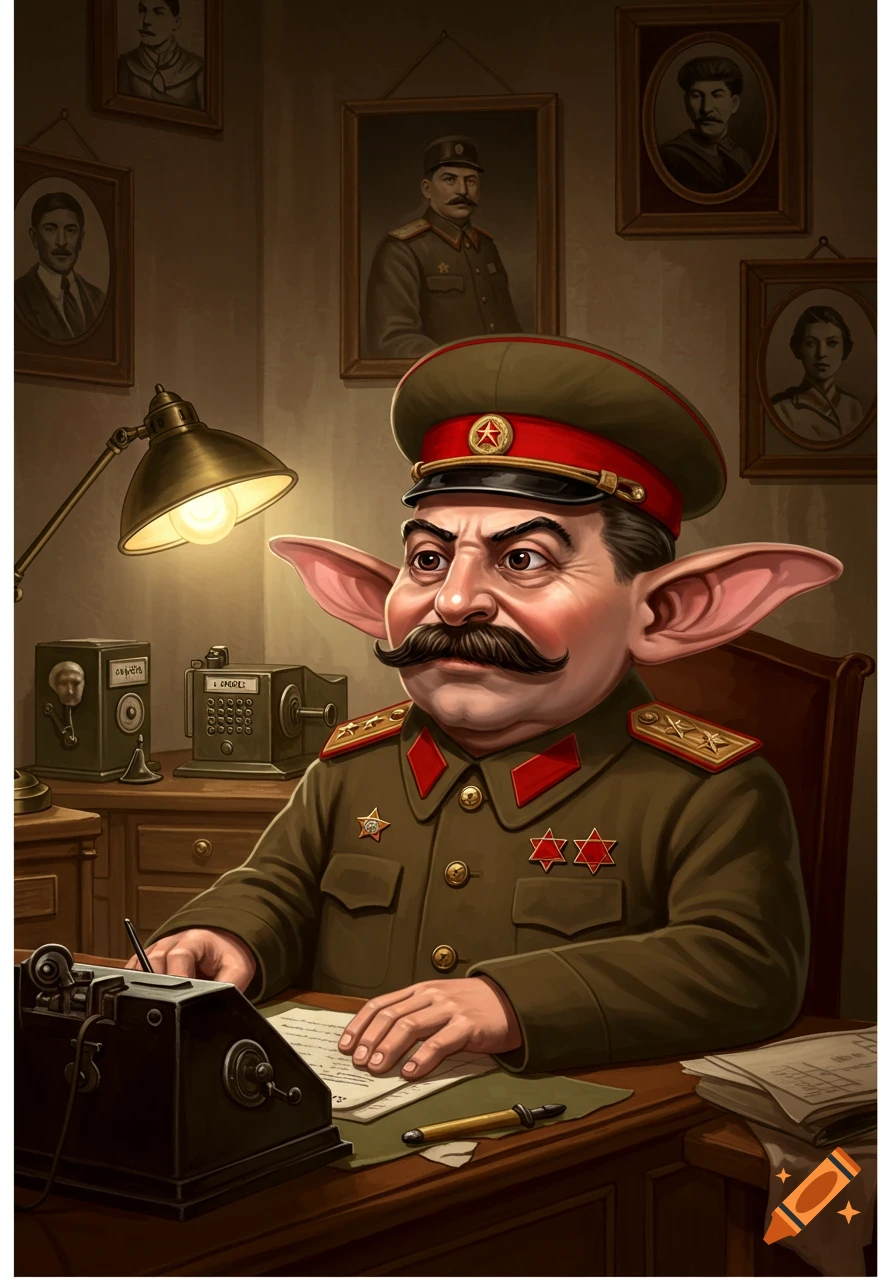 Cartoonish Stalin with large ears in military uniform sits at a desk with old office equipment, looking sternly.