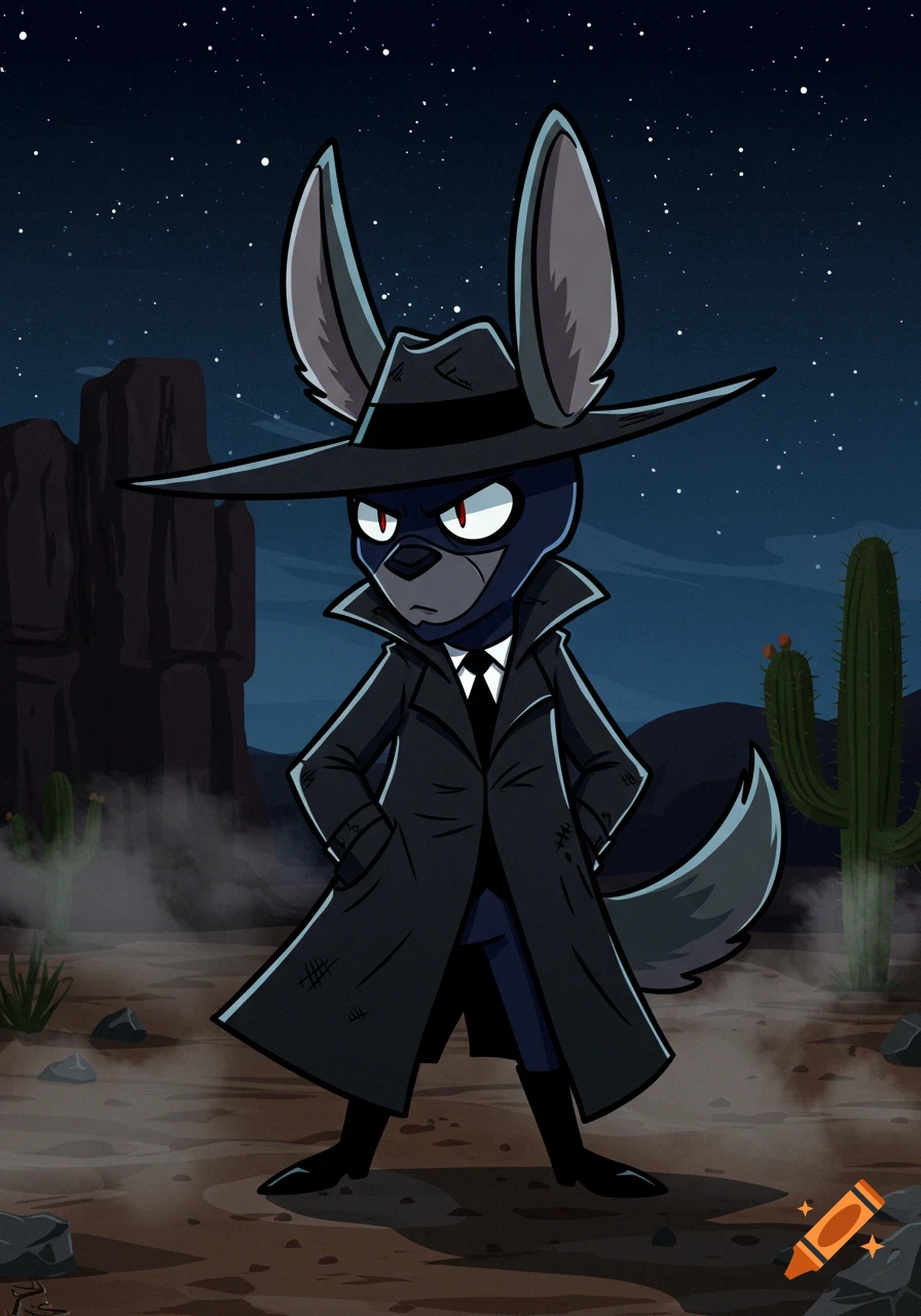 A stern, cartoon chupacabra-like character in a black fedora and trench coat stands in a desert under a starry night sky.