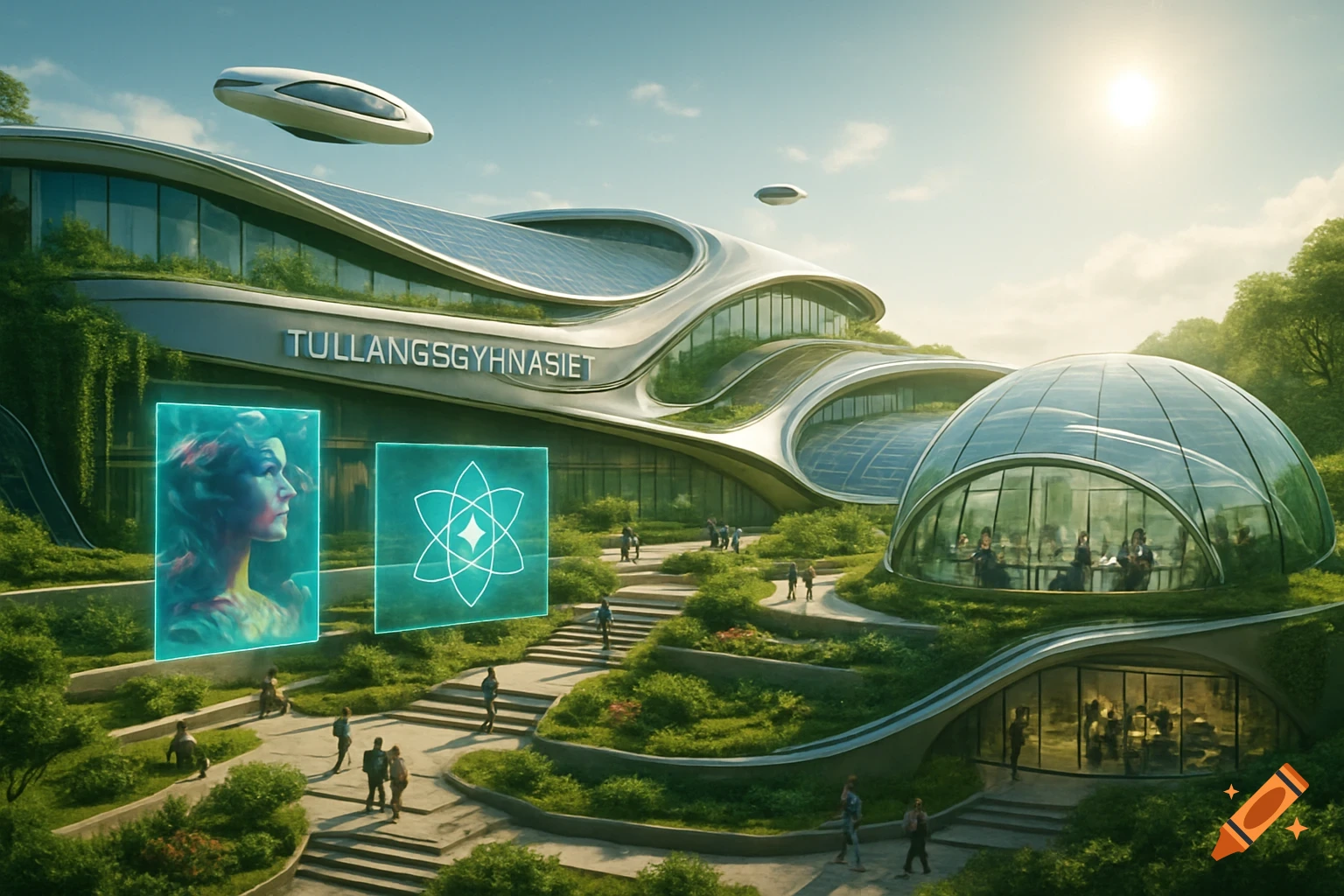 A futuristic school called 'Tullängsgymnasiet' with green terraces, large windows, flying vehicles, and holographic displays.