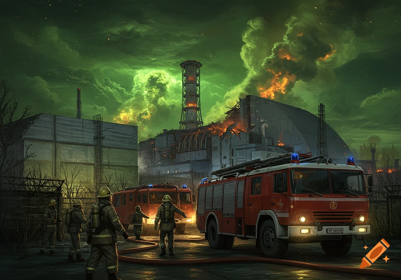 Firefighters in protective gear with fire engines at a burning nuclear power plant with green, radioactive smoke billowing into the night sky, digital painting.