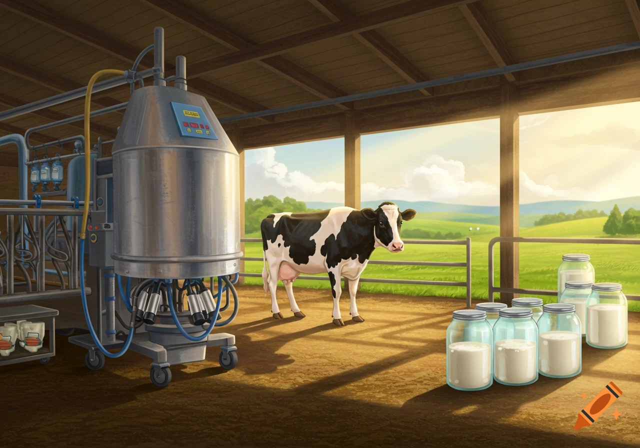 An illustration of a Holstein cow standing in a dairy barn next to a milking machine and glass jars of milk, with green fields outside.