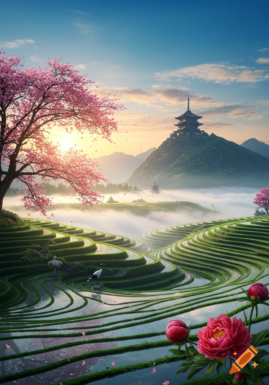A vibrant mystical Eastern landscape at sunrise, featuring a pagoda, cherry tree, terraced rice paddies, mist, a crane, and red flowers.