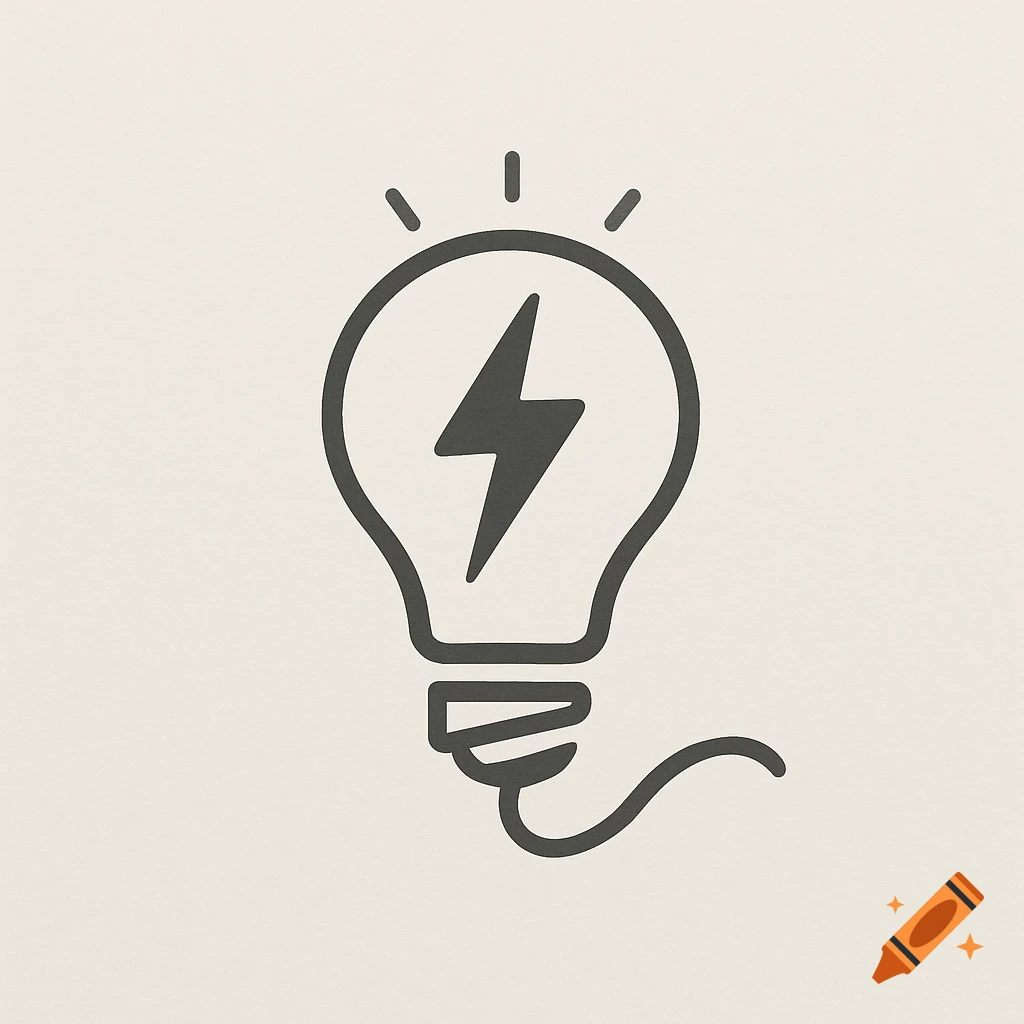 Minimalist black outline icon of a light bulb with a lightning bolt inside, its base forming an electrical cord on a beige background.