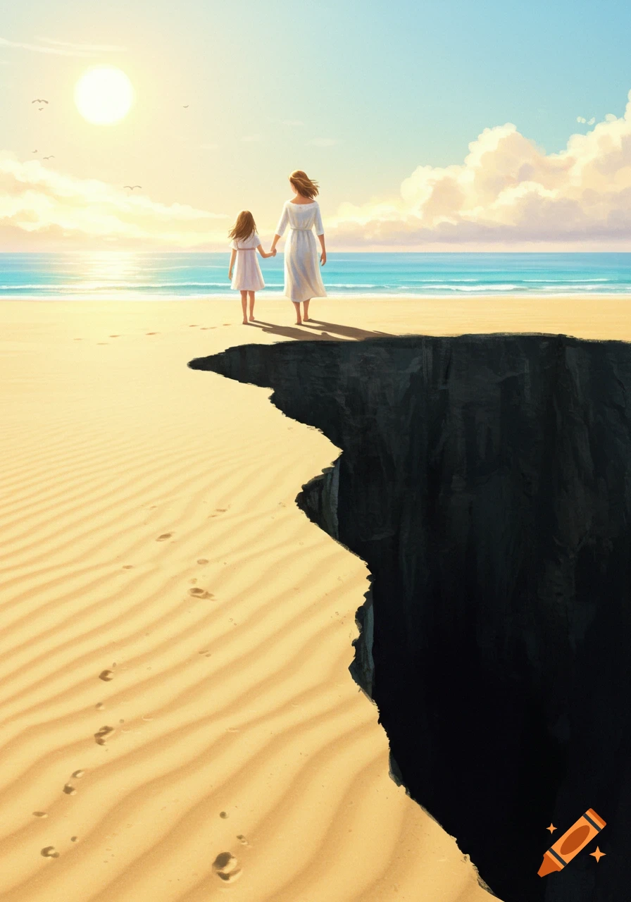 Stylized illustration of a mother and daughter holding hands on a sunny beach, standing at the edge of a deep cliff overlooking dark emptiness.