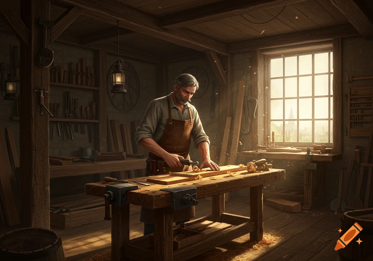 A skilled carpenter works on a piece of wood with a plane in a rustic, sunlit workshop filled with tools.