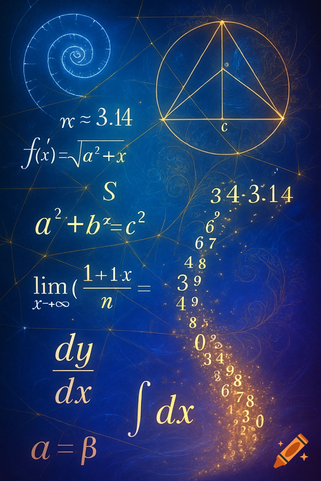 A vibrant blue and gold abstract poster filled with glowing mathematical equations, symbols, and flowing numbers, featuring a Fibonacci spiral and geometric shapes.