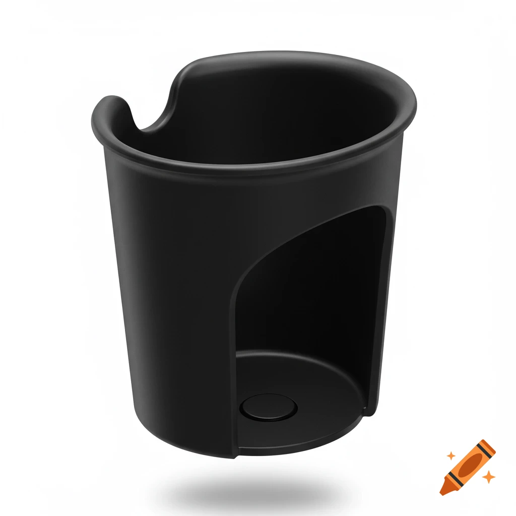 A black plastic stroller cup holder with a curved top and an open side, rendered on a white background.