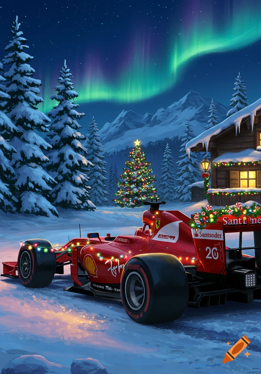 A red Formula 1 car adorned with Christmas lights in a snowy landscape with a cabin, Christmas tree, and aurora borealis.