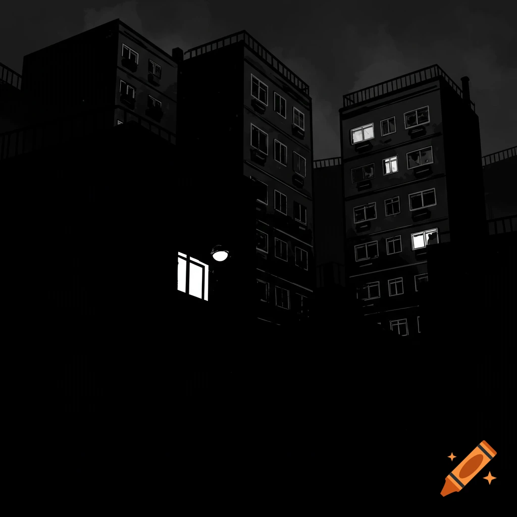 A black and white comic book style illustration of shadowy apartment buildings at night, with a few windows dimly lit.