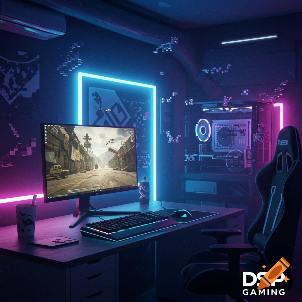 A vibrant neon-lit gaming setup featuring a computer, monitor displaying a game, and a gaming chair.