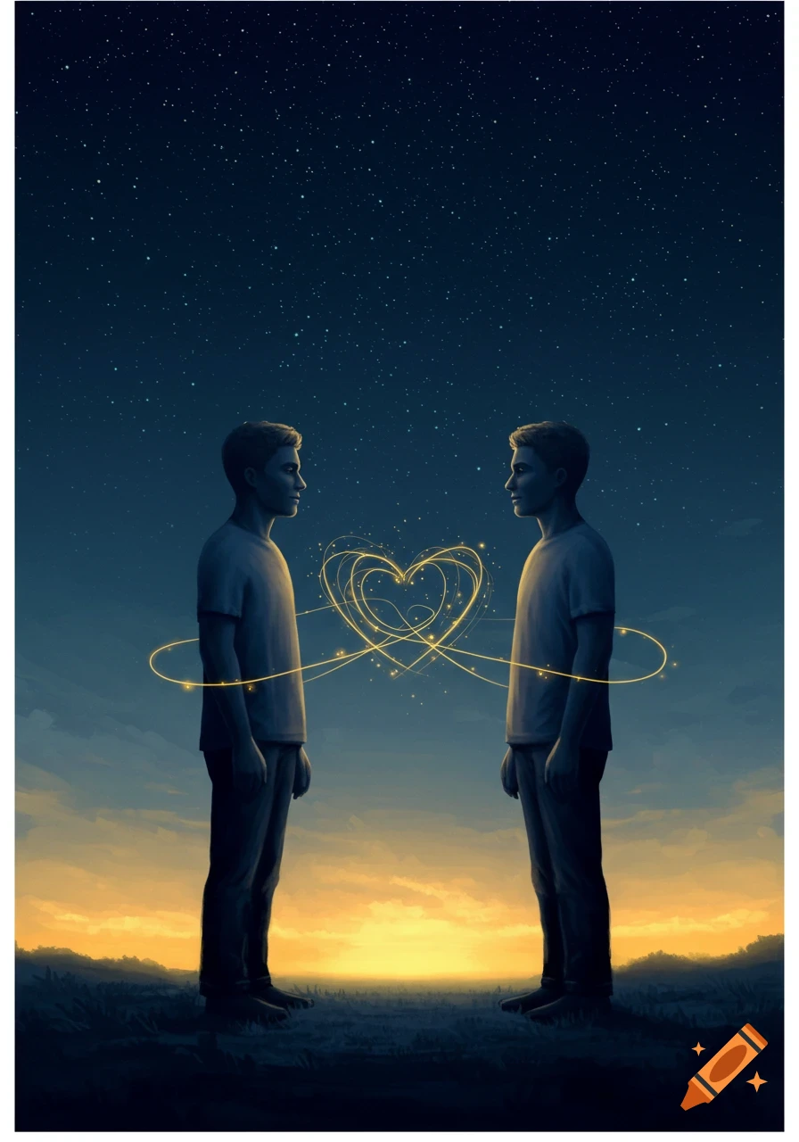 Two men stand facing each other under a starry night sky with a heart of light between them, against a sunset horizon.