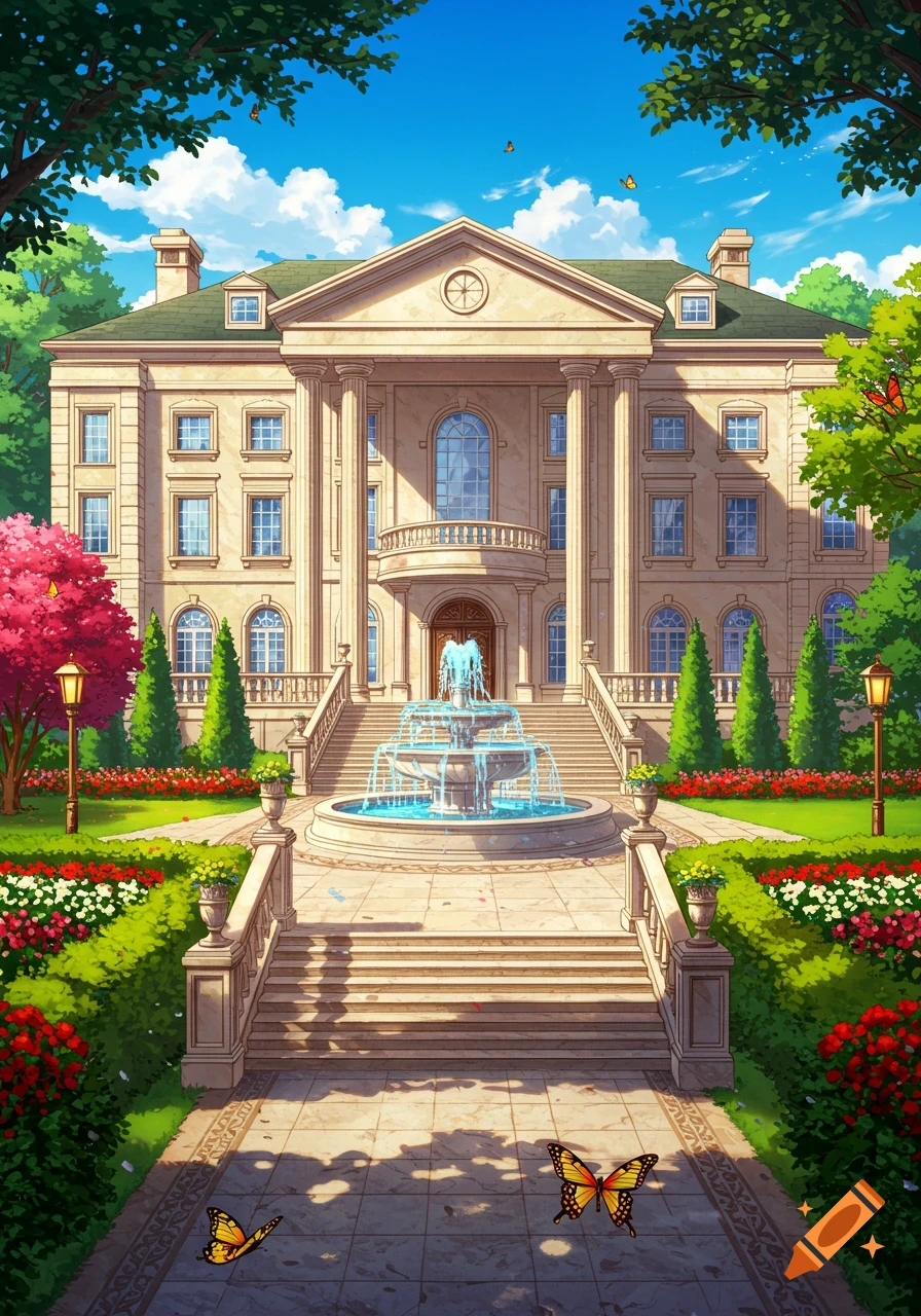 A grand anime-style mansion with a fountain, lush gardens, and a blue sky.