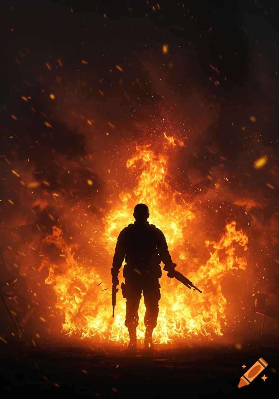 Dramatic silhouette of a soldier holding weapons, walking out of an intense blaze of fire and embers.