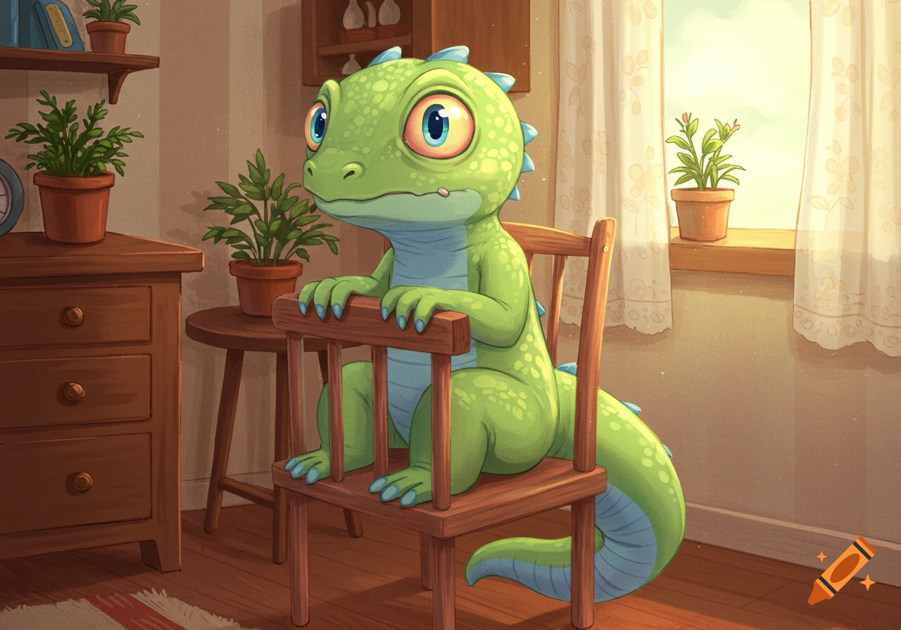 A cute, green, anime lizard-man with large eyes sits nervously on a wooden chair in a sunlit room with potted plants.