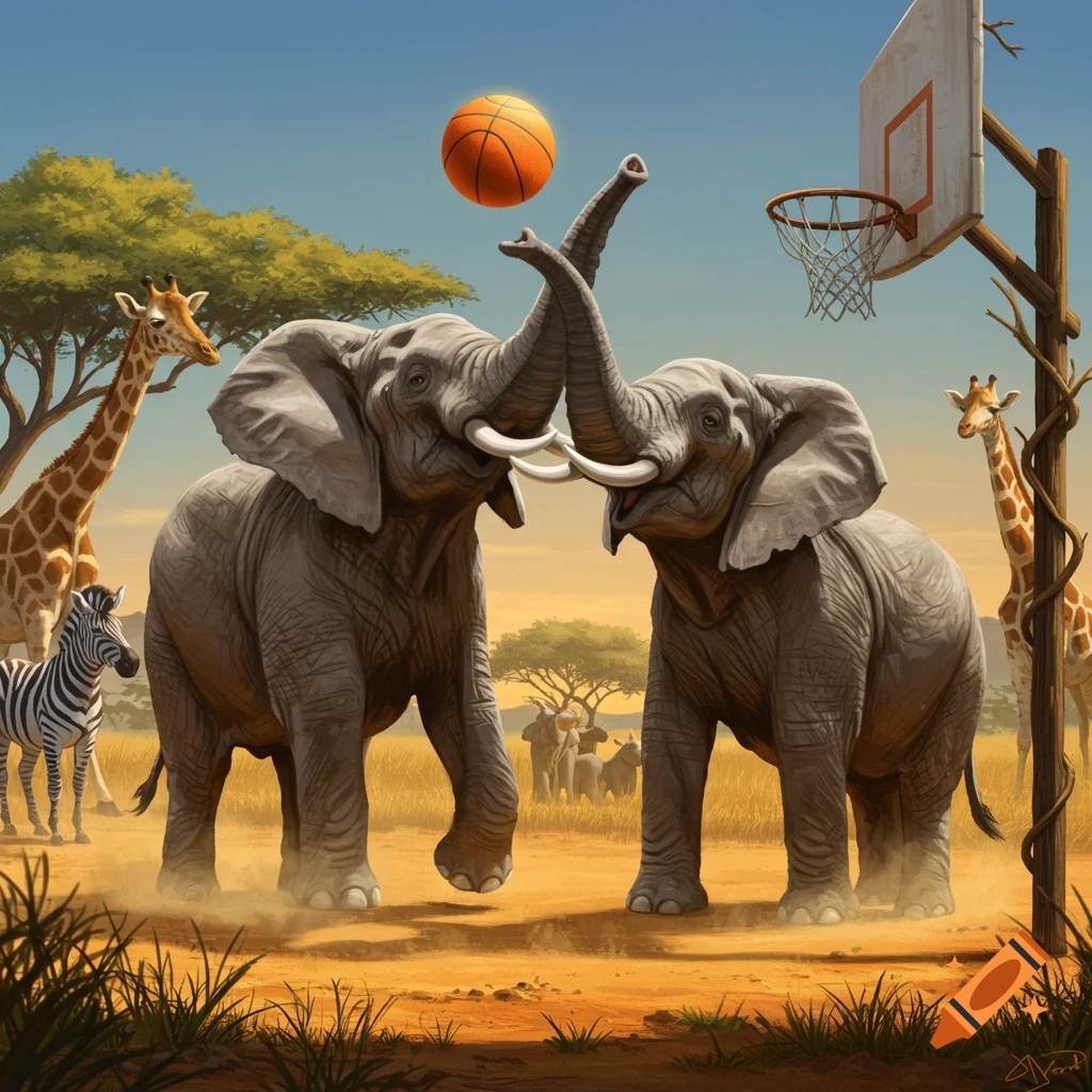 Two elephants play basketball on a dusty savanna court, with giraffes and zebras in the background, digital art.
