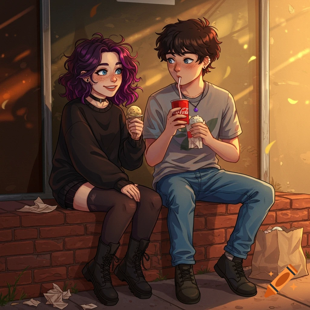 Two young people in anime style sitting on a brick wall, eating ice cream and drinking soda, during golden hour.