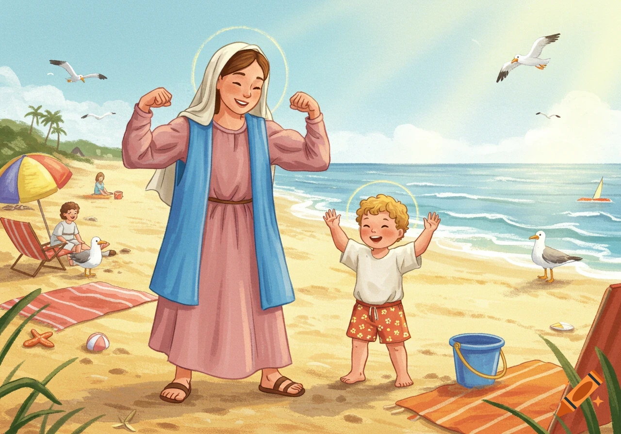 Kid's illustration of Virgin Mary flexing muscles and young Jesus joyfully raising arms on a sunny beach.