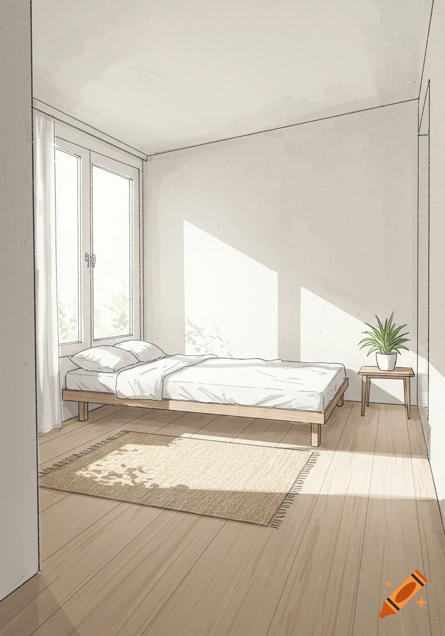 Minimalist sketch of a bright bedroom with a bed, large window, rug, and plant on a side table.