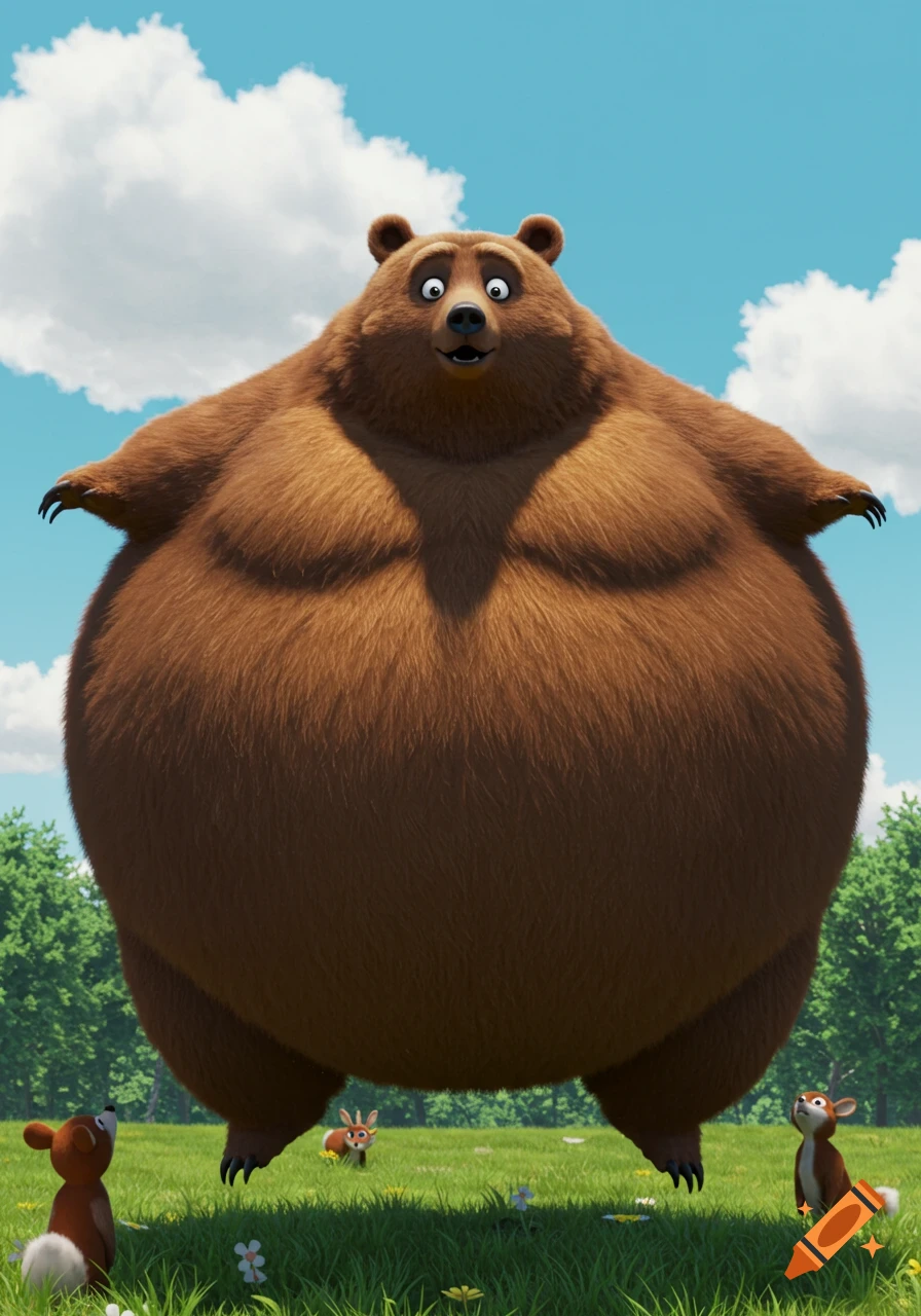 An enormous, inflated brown cartoon bear stands in a green field under a blue sky, with small cartoon animals nearby.