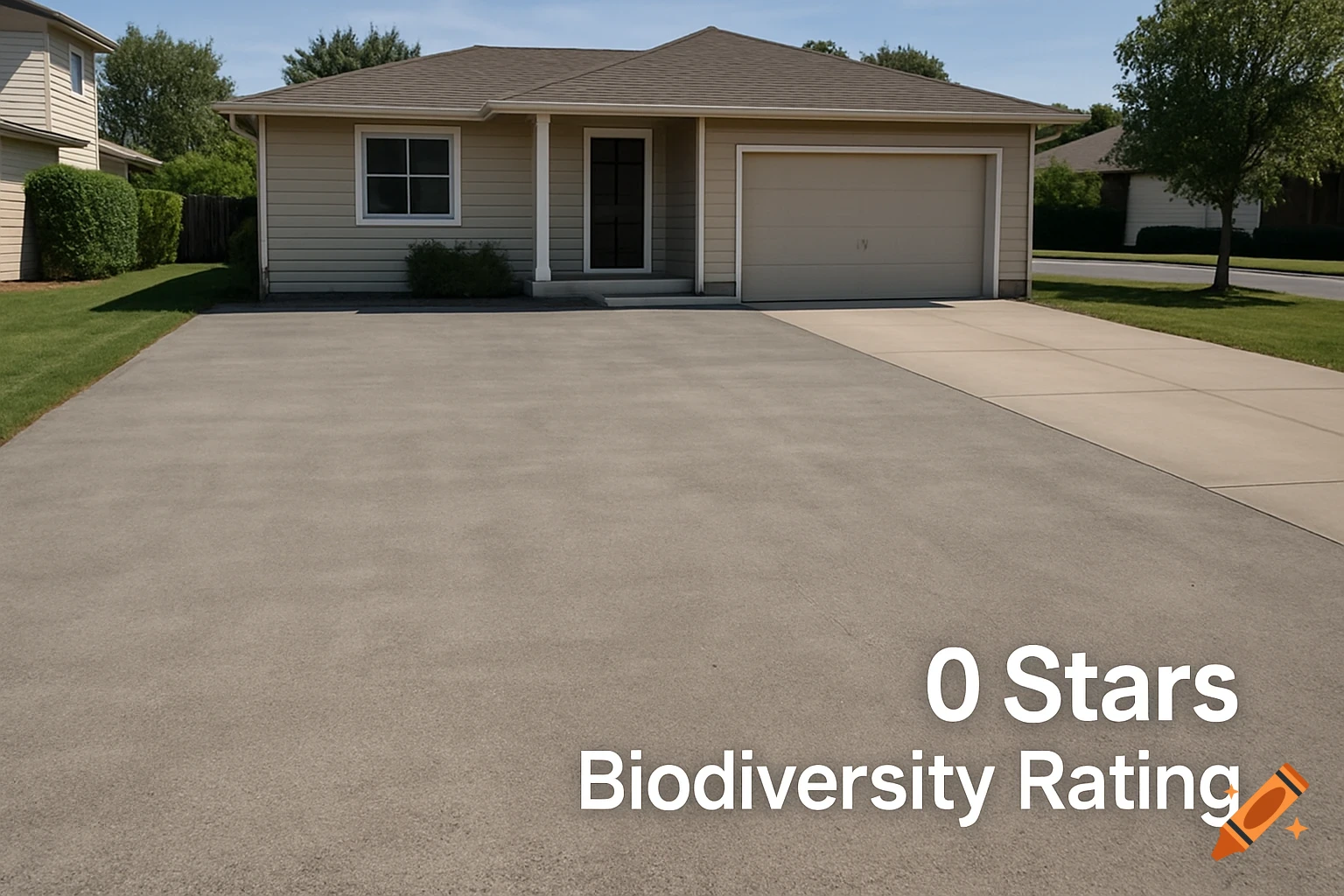 Photorealistic image of a beige suburban house with a fully paved front yard and driveway, under a clear sky. Text overlay reads '0 Stars Biodiversity Rating'.