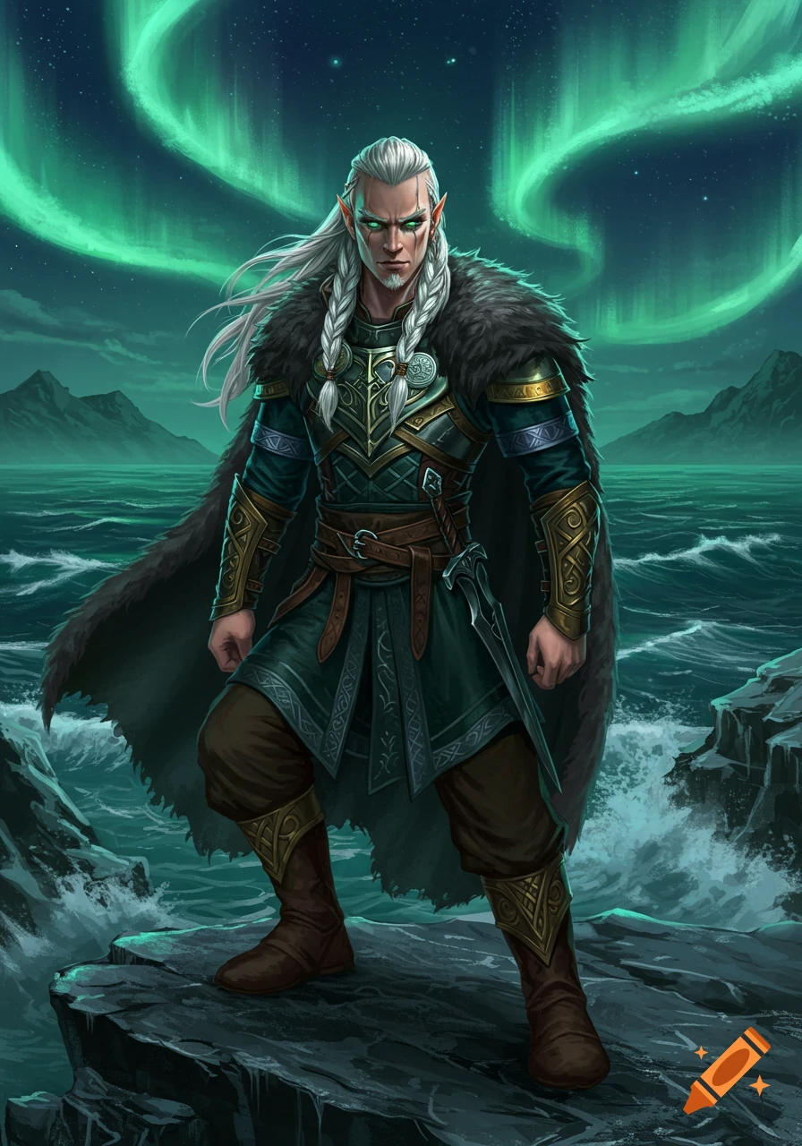 A male elf warrior with white braided hair, glowing green eyes, and fur-lined armor stands on a rocky coast under the green aurora.