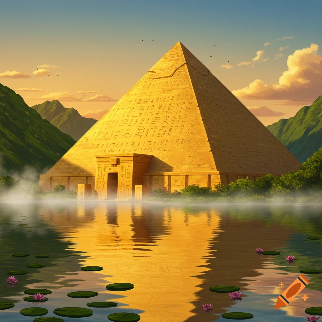 A golden pyramid covered in hieroglyphs stands at sunrise in a misty lake surrounded by green mountains, with water lilies in the foreground.