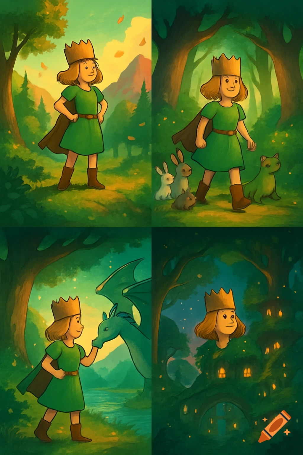 A four-panel fantasy illustration shows a girl in a crown and green dress with forest animals, a dragon, and glowing tree houses.