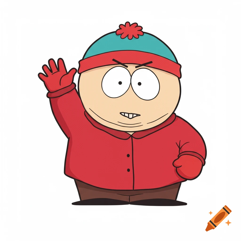 Cartoon illustration of Eric Cartman from South Park, wearing a red coat and hat, waving on a white background.