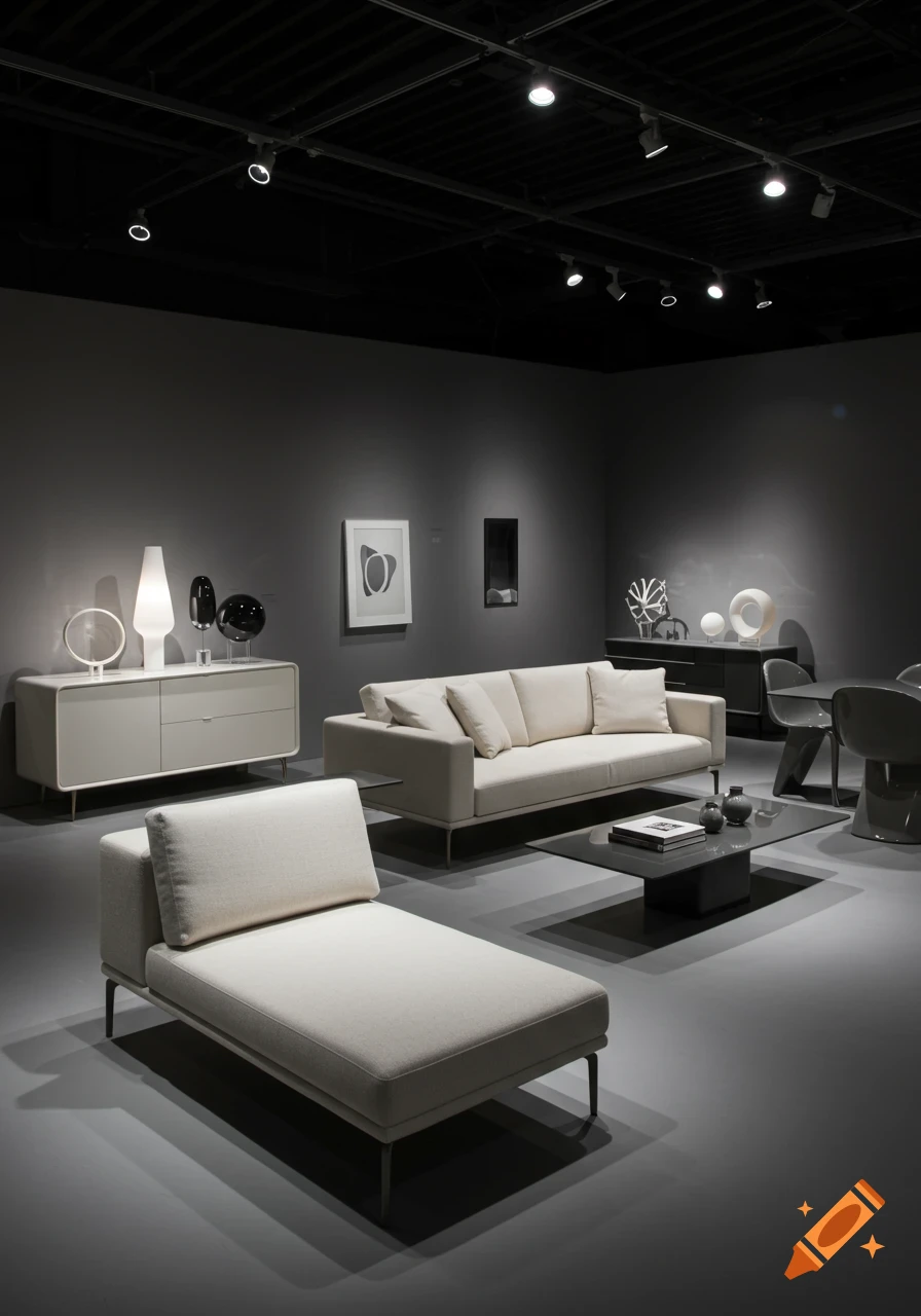 A modern furniture showroom with a beige sofa, chaise lounge, coffee table, and sideboards against dark grey walls.