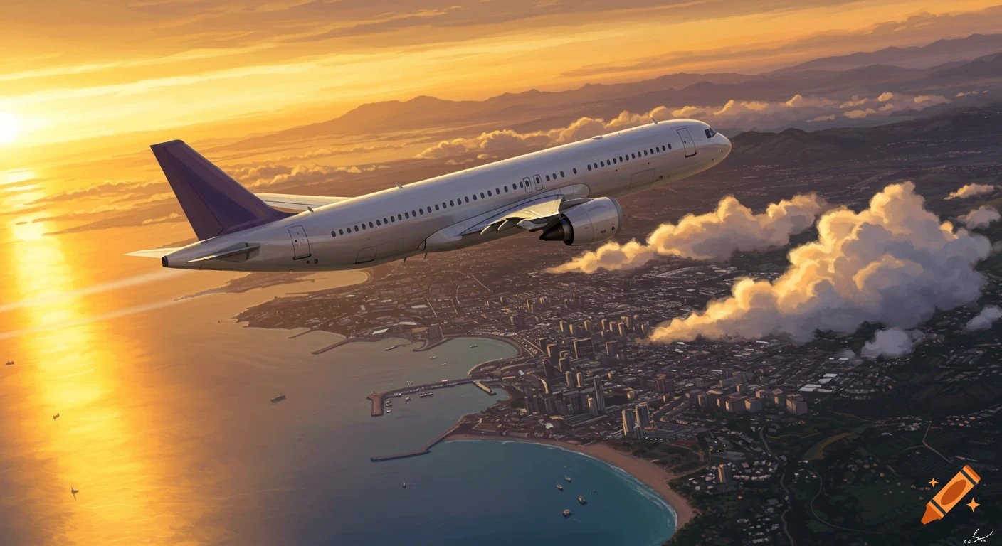 A white airplane soars over a vibrant coastal city and ocean at sunset, rendered in a digital painting style.
