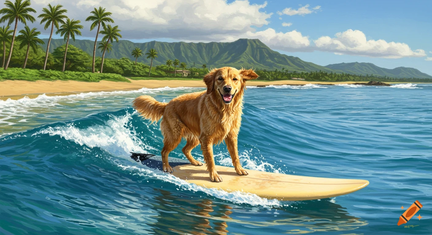 A photorealistic painting of a happy golden retriever surfing on a wave in a tropical ocean, with a beach and mountains in the background.