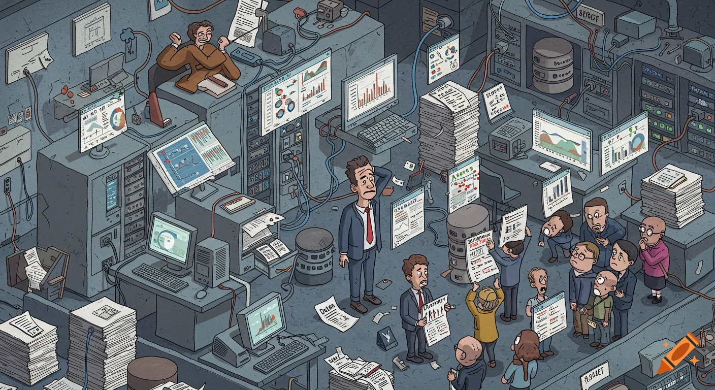 Cartoon illustration of stressed office workers in a chaotic, cluttered server room, surrounded by piles of documents and monitors displaying garbled data.