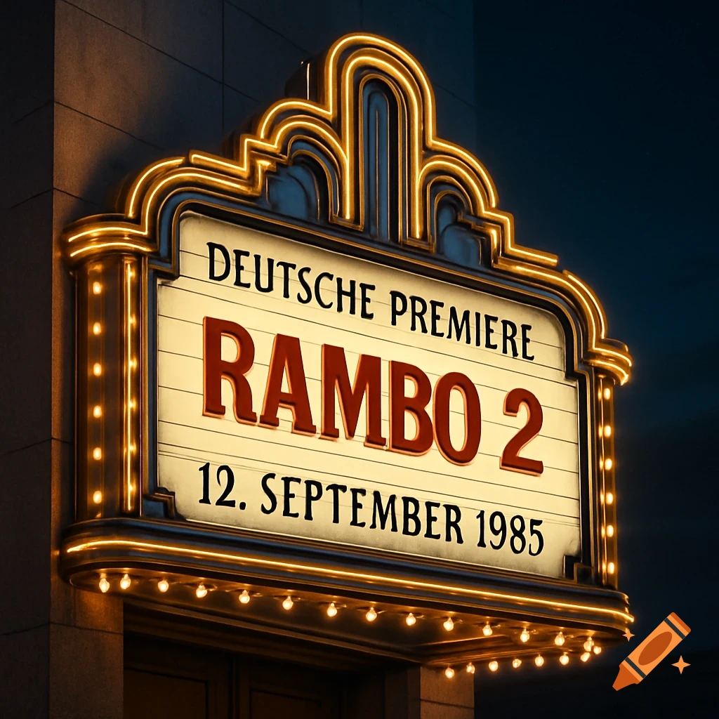 Photorealistic glowing movie marquee at night advertising DEUTSCHE PREMIERE RAMBO 2 on 12. SEPTEMBER 1985.