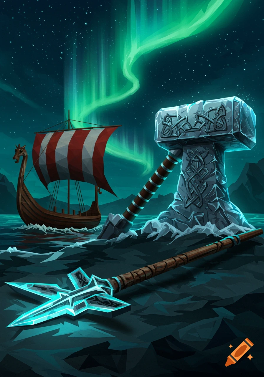 A stylized illustration of a Viking longship, Thor's hammer, and Odin's spear on a wavy sea under the Northern Lights.