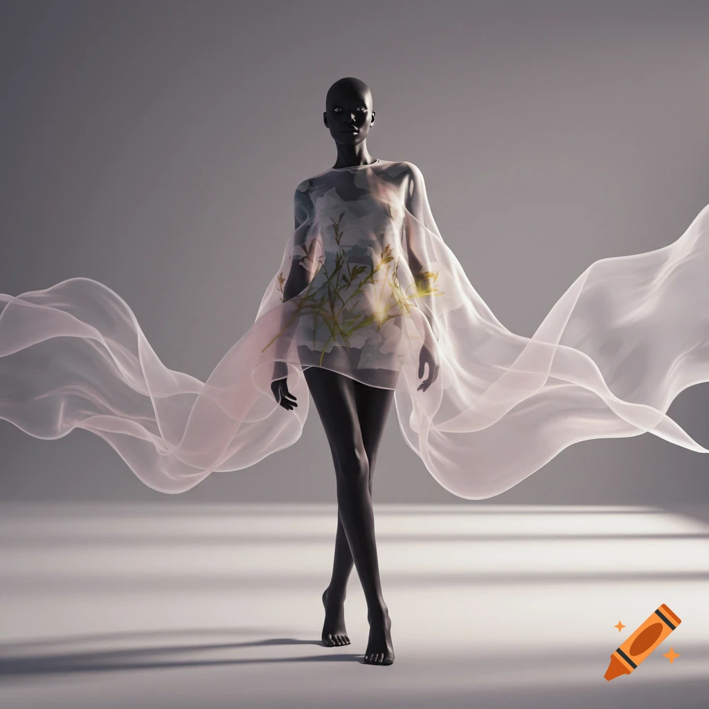 A dark, bald, mannequin-like figure poses wearing a flowing, sheer garment with subtle floral patterns, set against a gray background.