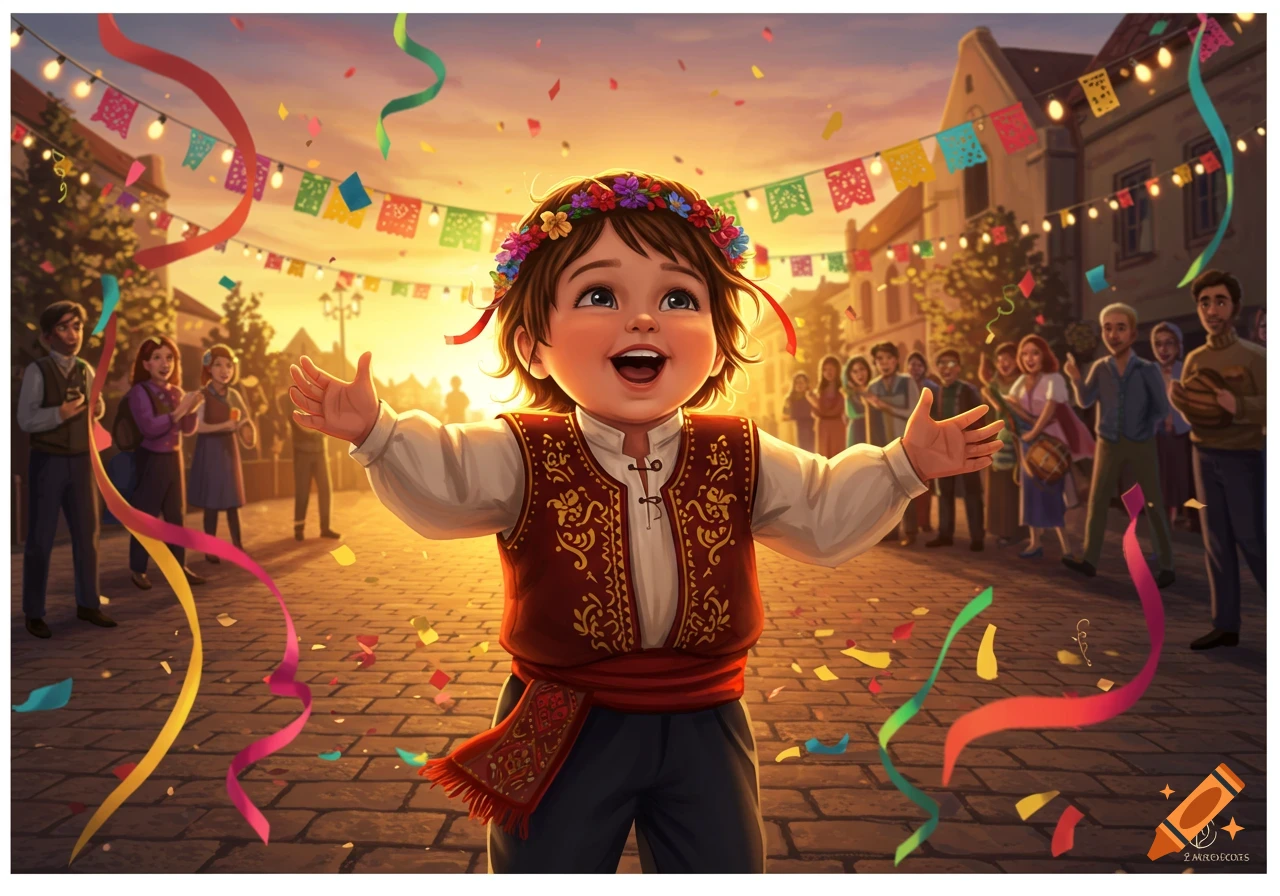 A joyful child in traditional attire and flower crown with outstretched arms, surrounded by confetti at a vibrant street festival at sunset.