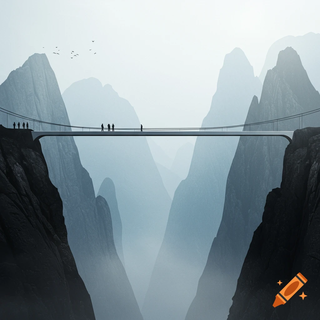 A minimalist, graphic image of people on a modern bridge spanning a deep chasm between misty mountains.