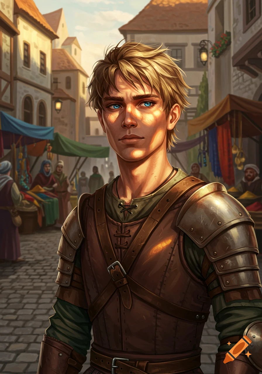 A young man with blonde hair and bright blue eyes, wearing leather armor, stands in a bustling medieval market during sunset.