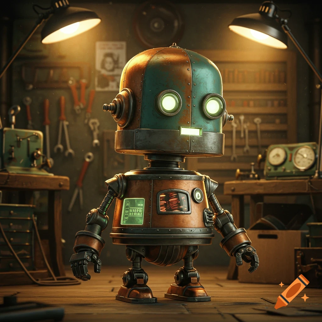 A rusty, retro robot with glowing green eyes stands in a dimly lit workshop filled with tools.