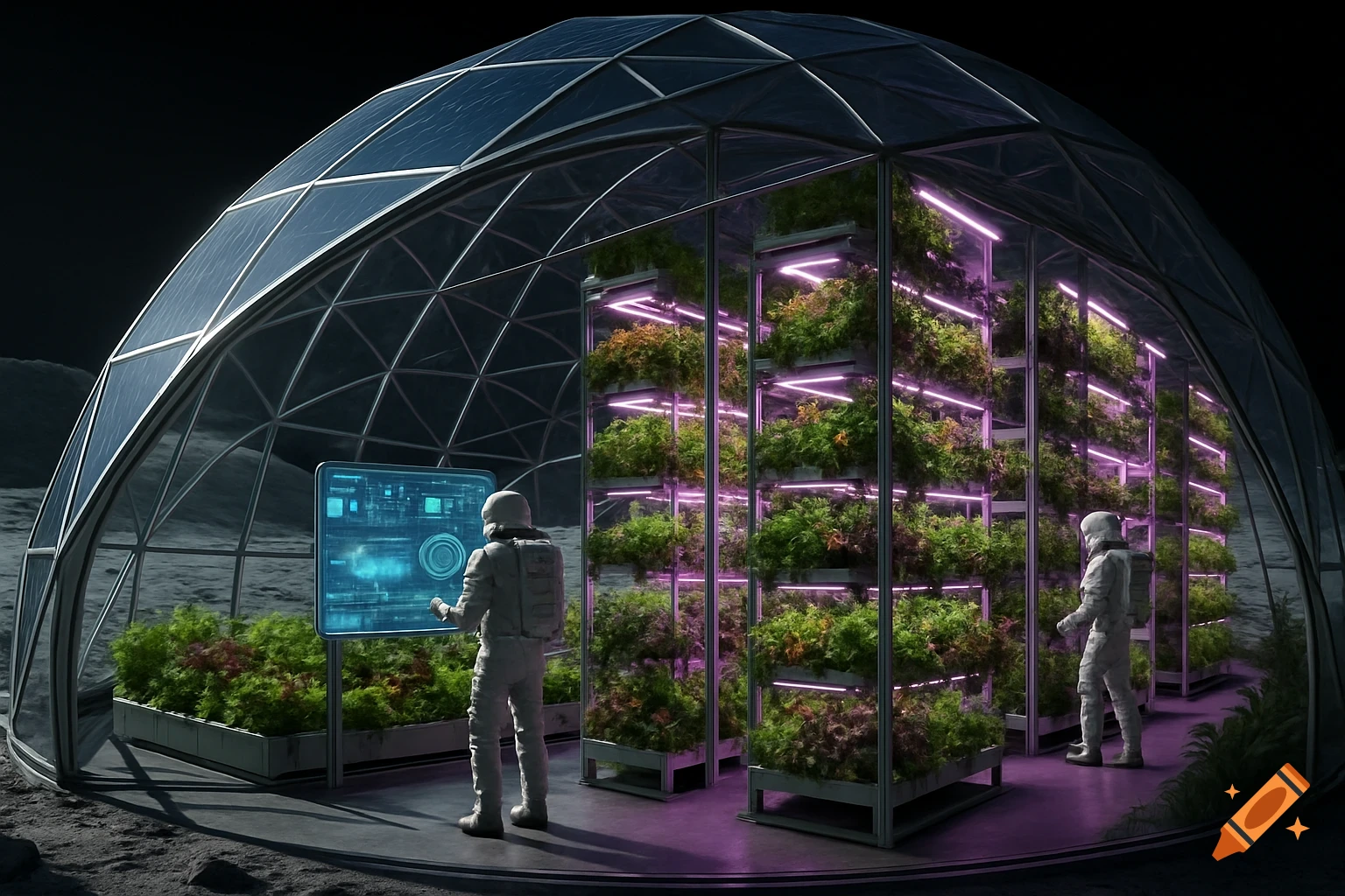 Two astronauts in a moon plant chamber with vertical hydroponic gardens under purple LED lights, next to a digital monitoring board.