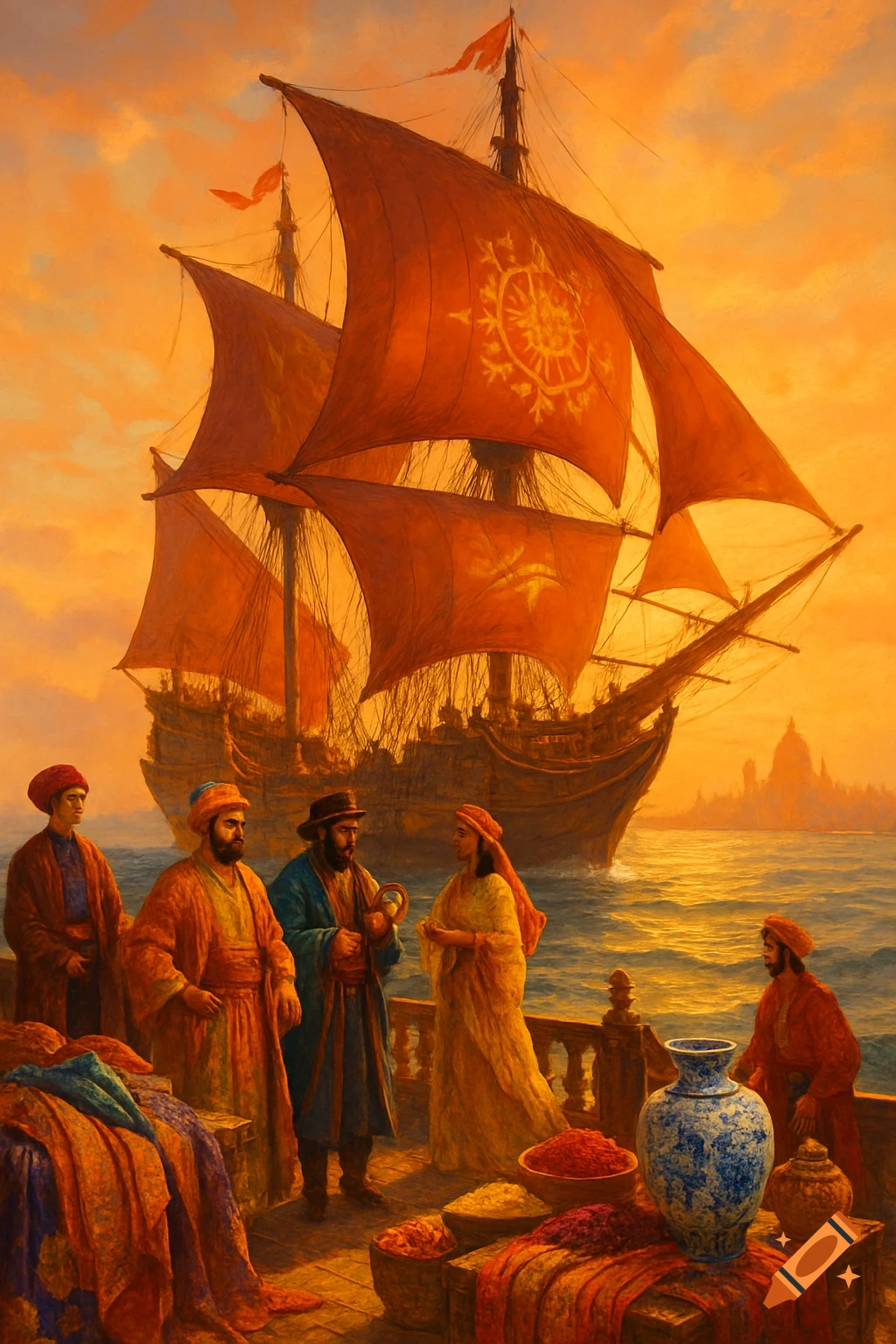 Painterly scene of merchants trading goods on a dock with a large sailing ship at sunset.