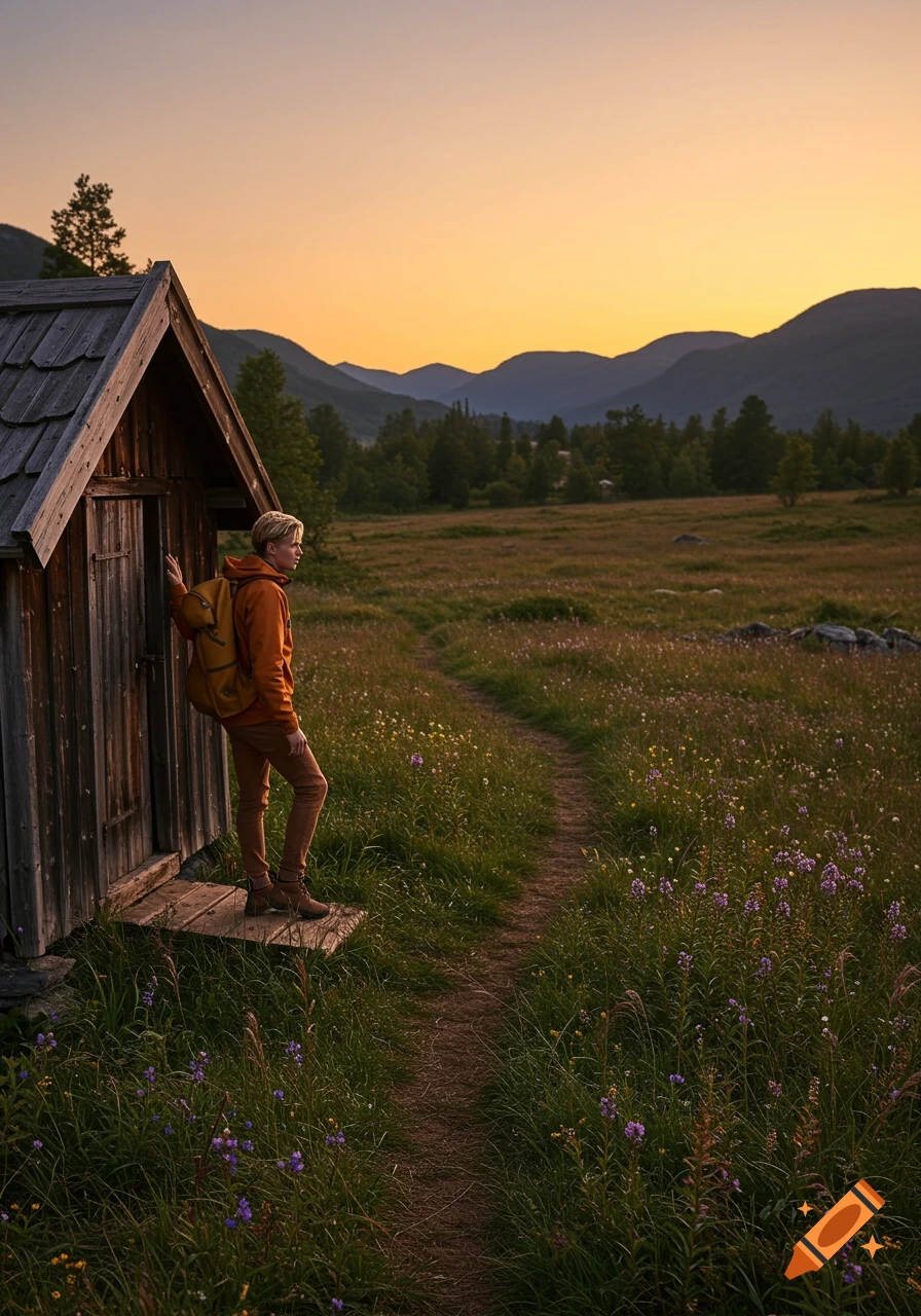 A person with a backpack stands by a rustic wooden cabin, looking at a vast field and mountains during golden hour.