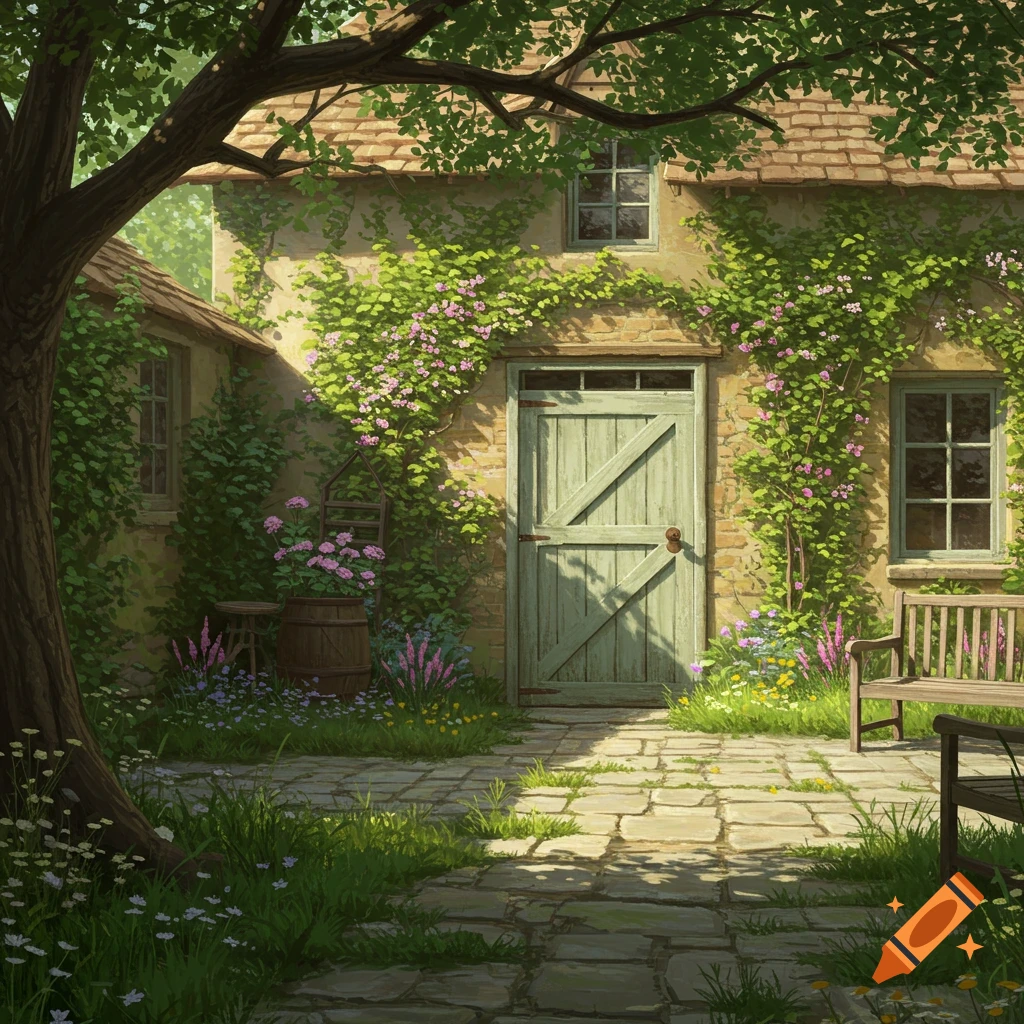 A sunny, vine-covered stone cottage with a sage green door and blooming flowers, overlooking a lush courtyard with a paved path and benches.