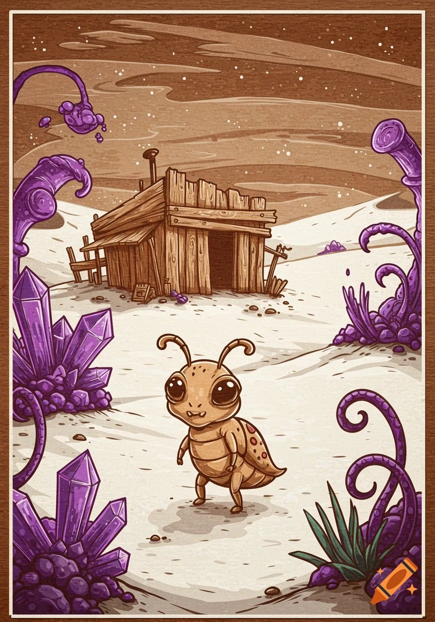 Woodcut illustration of a cute alien bug with big eyes on a desert planet with purple crystals and a wooden shack.