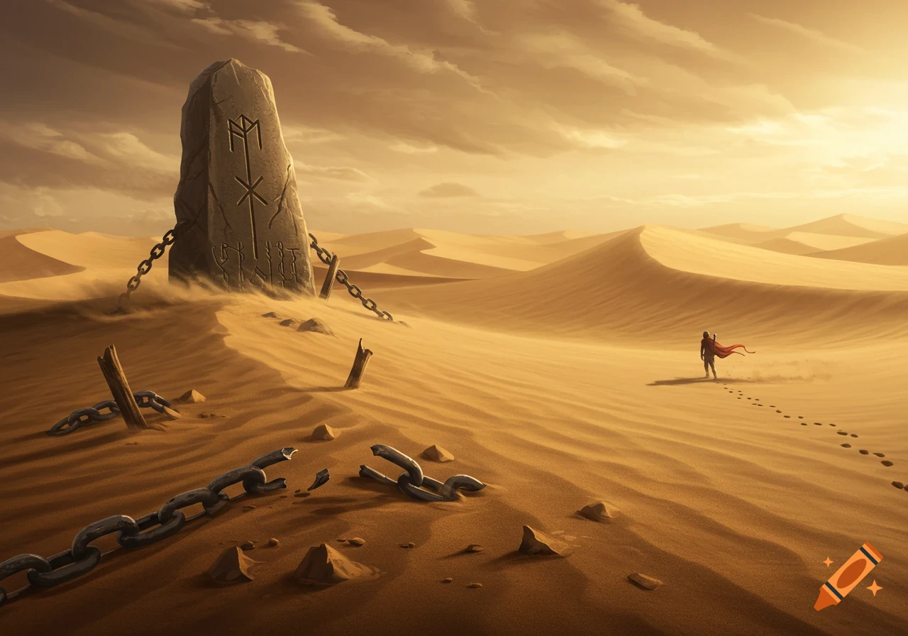 A lone figure in a red cloak walks across a vast desert, past a chained monolithic stone with ancient carvings and broken chains.