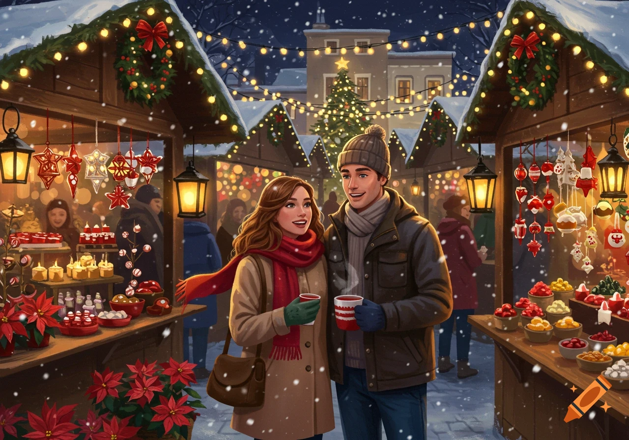An illustrated happy couple holding mugs at a snowy Christmas market with decorated stalls and a Christmas tree at night.