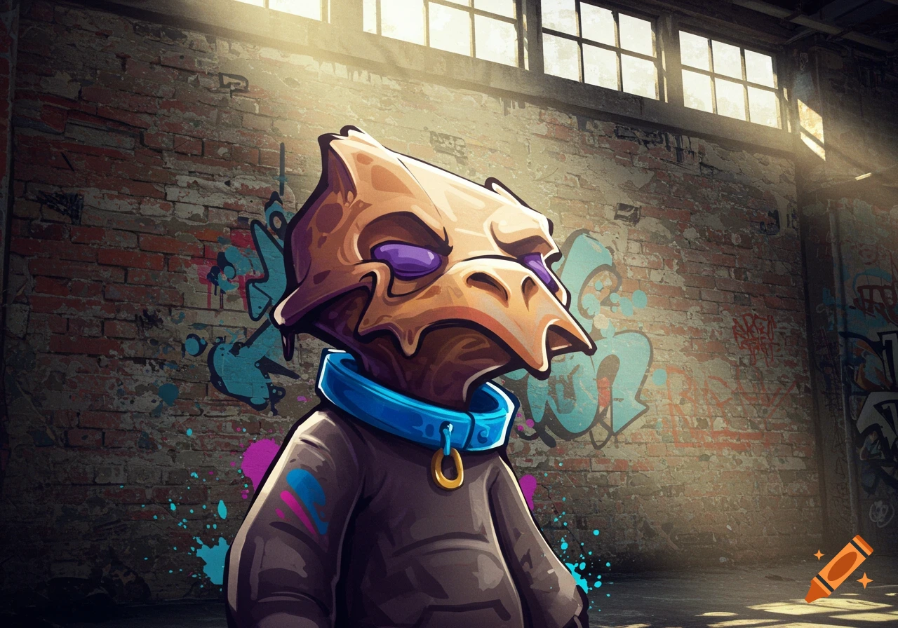 A stylized skull-headed character with a blue collar stands in an urban setting against a graffiti-covered brick wall, with sunlight streaming from windows.