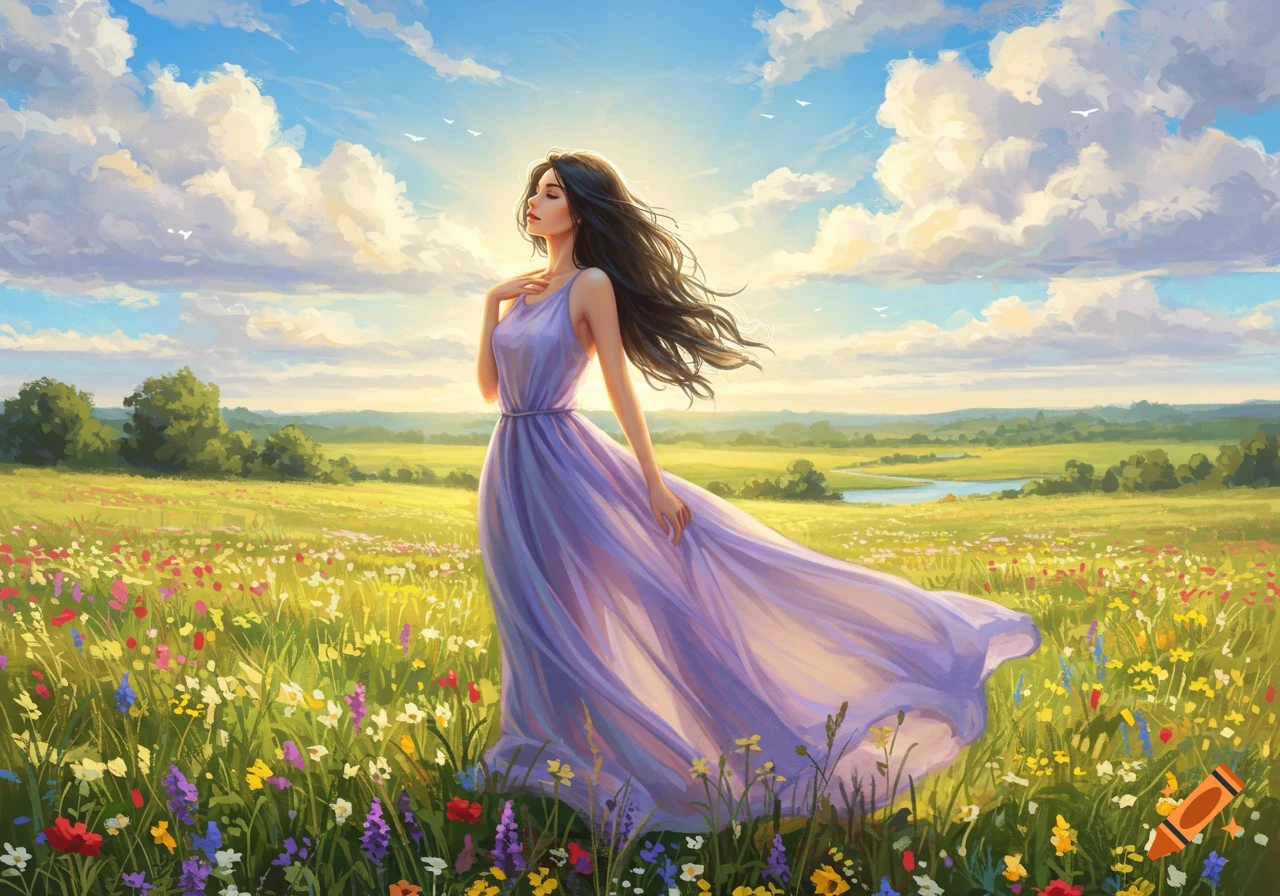 A woman in a flowing lavender dress stands in a vibrant wildflower field under a bright, cloudy sky, sunlight shining behind her.